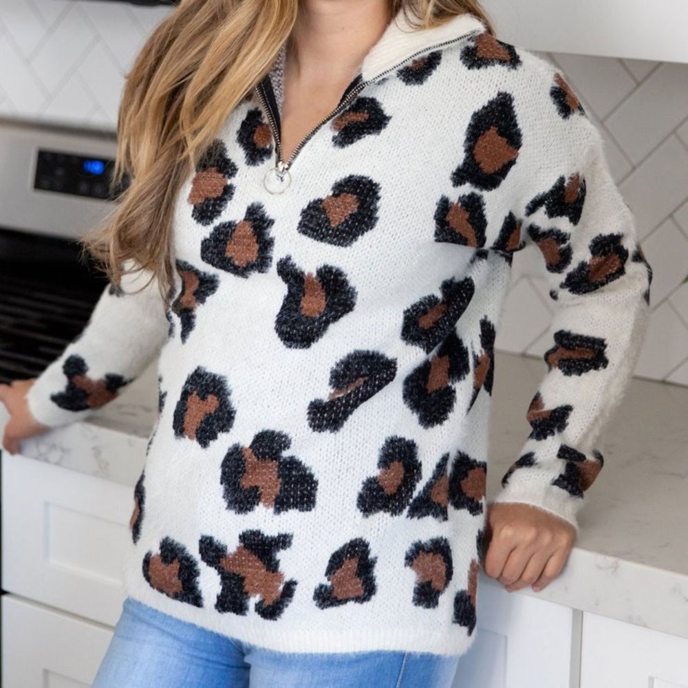 knit and cozy fall time leopard half zip up sweater pullover - Picture 2 of 7